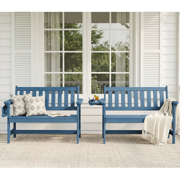 (2 pack) SERWALL Outdoor Bench for 2-Person, Weather-Resistant HDPE with Aluminum Reinforcement, Supports 660 lbs, Comfortable Seating for Patio, Garden, and Porch, Navy