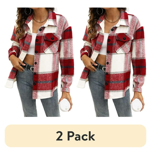 (2 pack) SUNBS Plaid Flannel Shackets for Women Long Sleeve Button Down Shirts Fall Coats Fashion Jackets