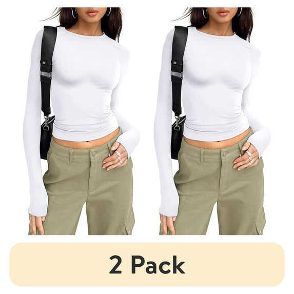 (2 pack) SUNBS White Long Sleeve Shirts for Women Basic Crop Tops Fall Fashion Dressy Casual Slim Y2k Trendy Blouses