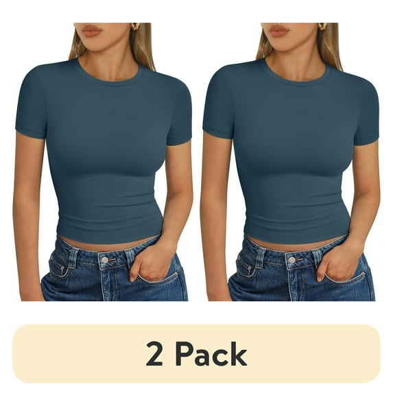 (2 pack) SUNBS Women's T Shirts Scoop Neck Short Sleeve Crop Tops Slim Fit Y2K Summer Tops