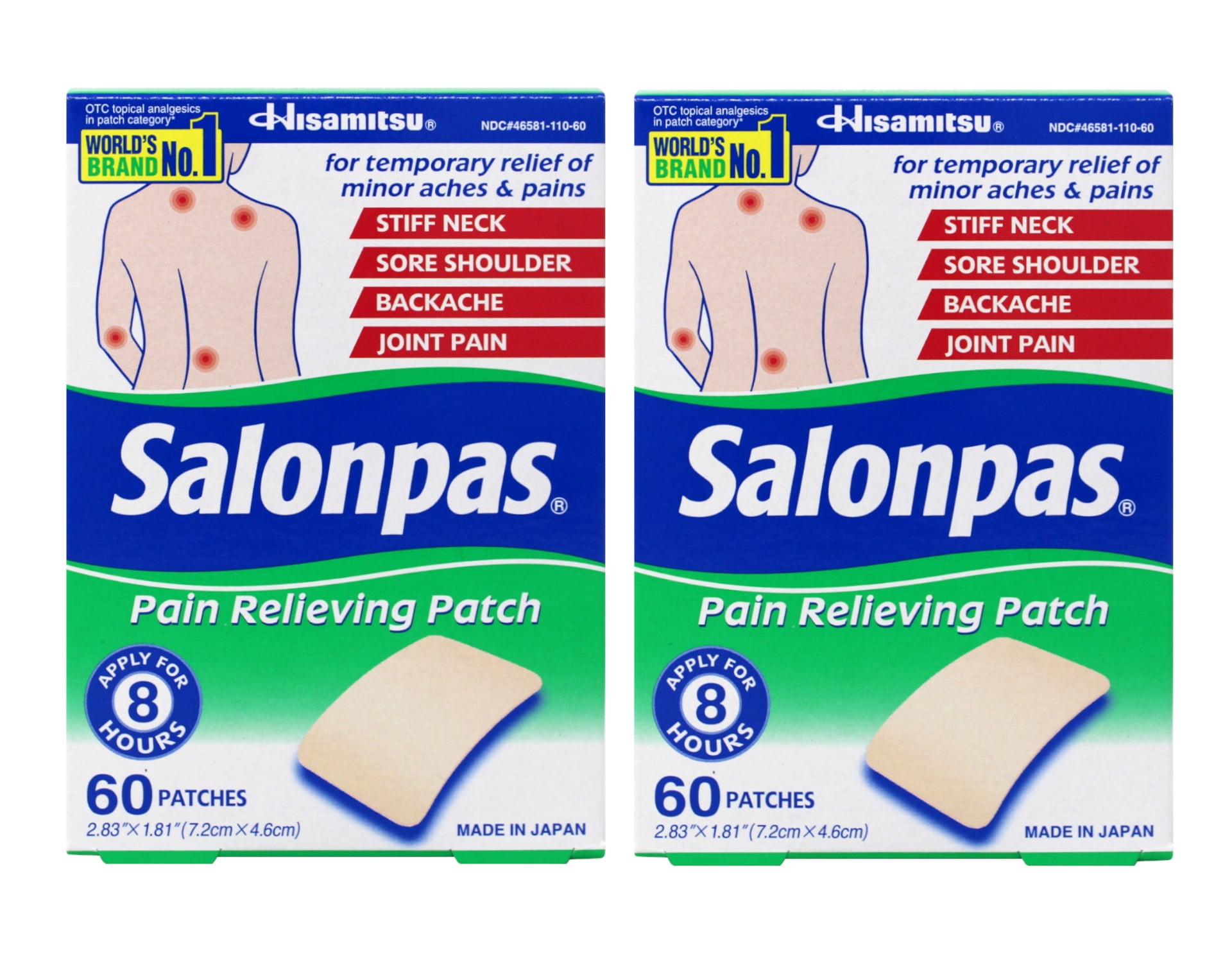 (2 pack) Salonpas 8 Hour Pain Relief Patch With Camphor 3.1% & Menthol 6% for Back & Muscles, 60 Count Pack