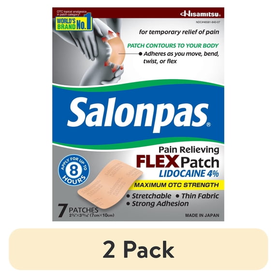 (2 pack) Salonpas Maximum Strength Flex Pain Relief Patch Lidocaine 4%, 8 Hours, Thin, Flexible, 7 Count
