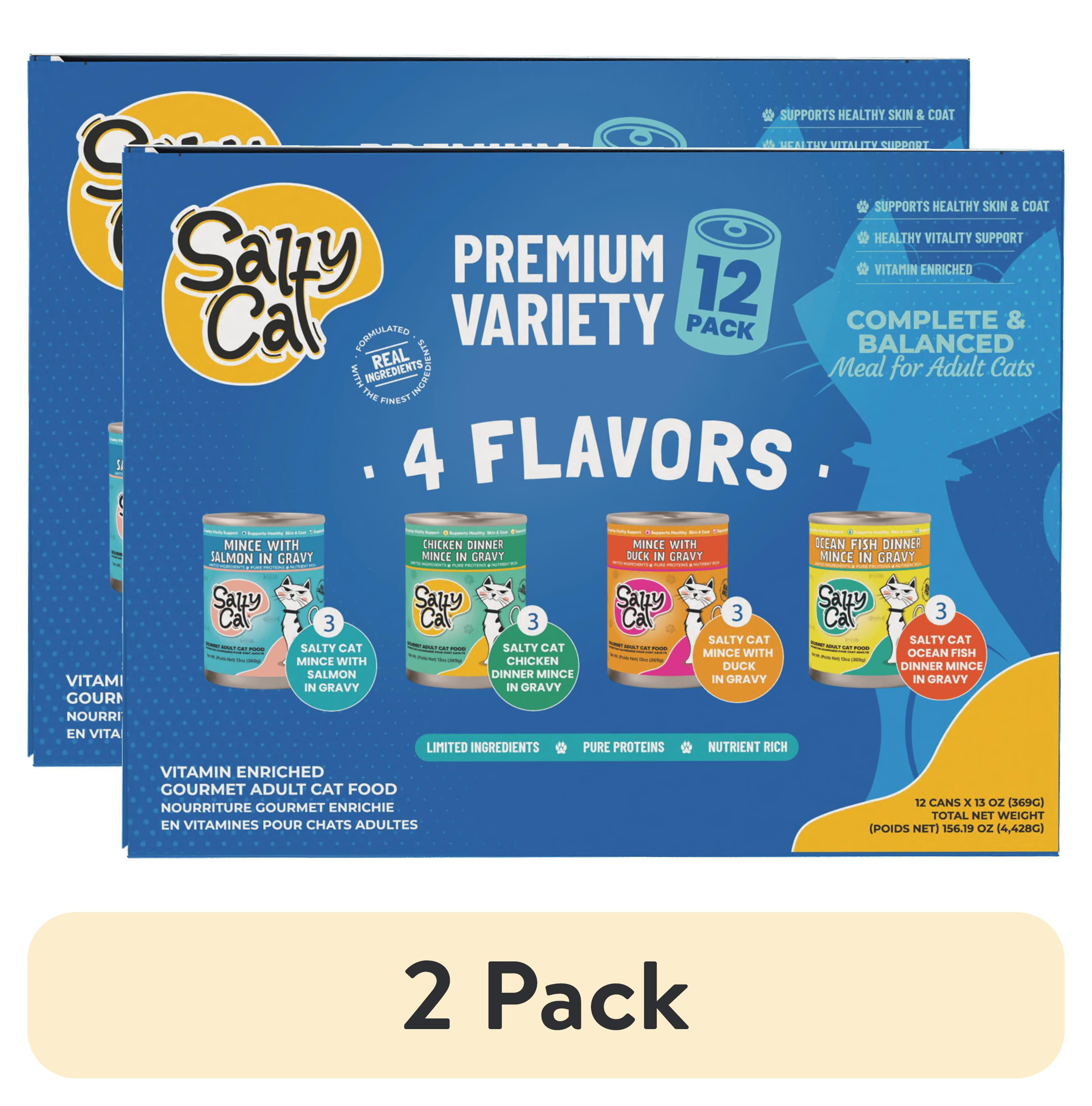 (2 pack) Salty Cat Premium Corn-Free Salmon, Chicken, Duck & Ocean Fish Flavor Mince in Gravy Wet Cat Food Variety Pack, 156 oz (12 Pack)