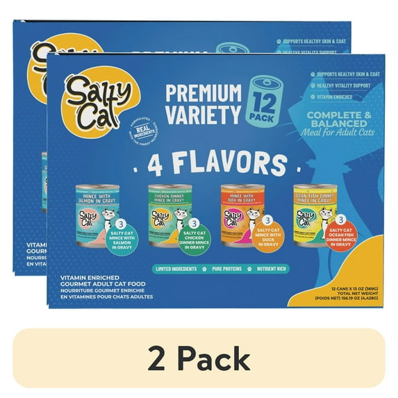 (2 pack) Salty Cat Premium Corn-Free Salmon, Chicken, Duck & Ocean Fish Flavor Mince in Gravy Wet Cat Food Variety Pack, 156 oz (12 Pack)