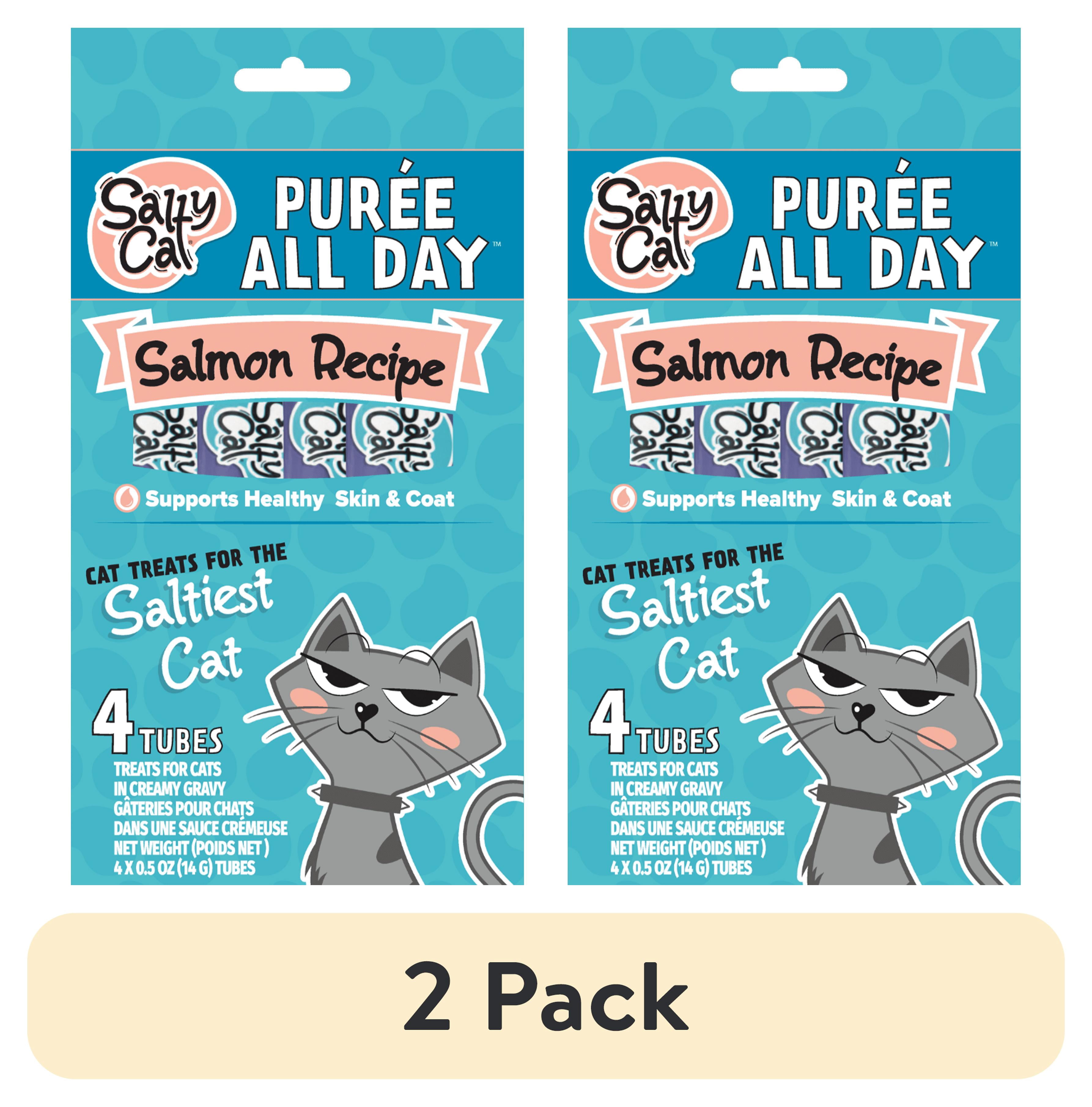 (2 pack) Salty Cat Purée All Day Salmon Flavor Creamy Soft Treats for Cats,  14g Tube (4 Pack)