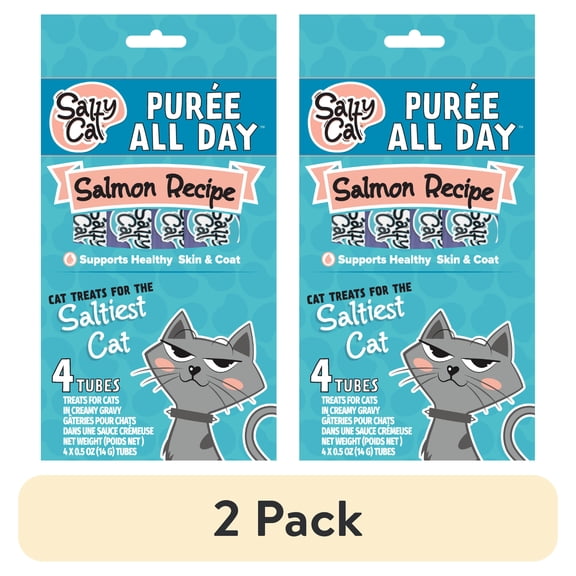 (2 pack) Salty Cat Purée All Day Salmon Flavor Creamy Soft Treats for Cats,  14g Tube (4 Pack)