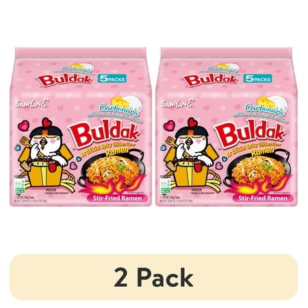 (2 pack) Samyang Spicy Chicken Noodle Carbonara Flavor Ramen, 4.58 oz, 5 Pack