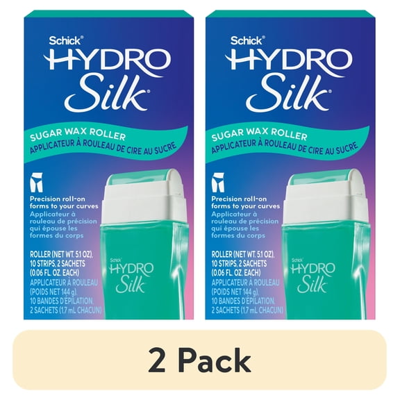 (2 pack) Schick Hydro Silk Sugar Wax Hair Removal Roller With 10 Reusable Strips & 2 Serum Sachets, Womens Waxing Kit, For Sensitive Skin, Rinsible With Water, Microwave Safe