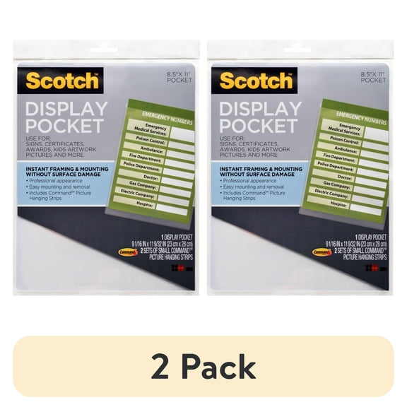 (2 pack) Scotch Display Pockets , 8.5" x 11", 1 pocket, 2 sets of Command Picture Hanging Strips