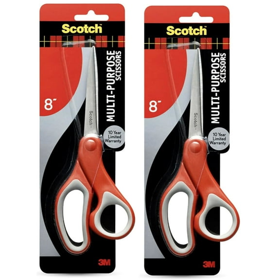 (2 pack) Scotch Multi-Purpose Stainless Steel Scissors, 8", Sharp Edge, Red & Grey