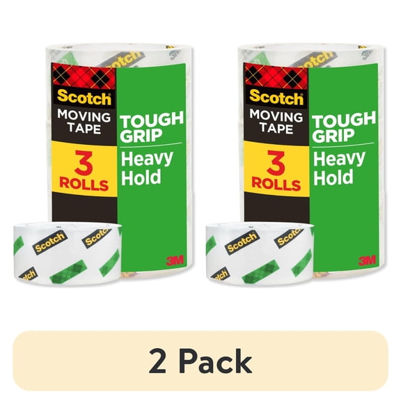 (2 pack) Scotch Tough Grip Packaging Tape, Clear, 1.88in x 65.6yds 3 Rolls
