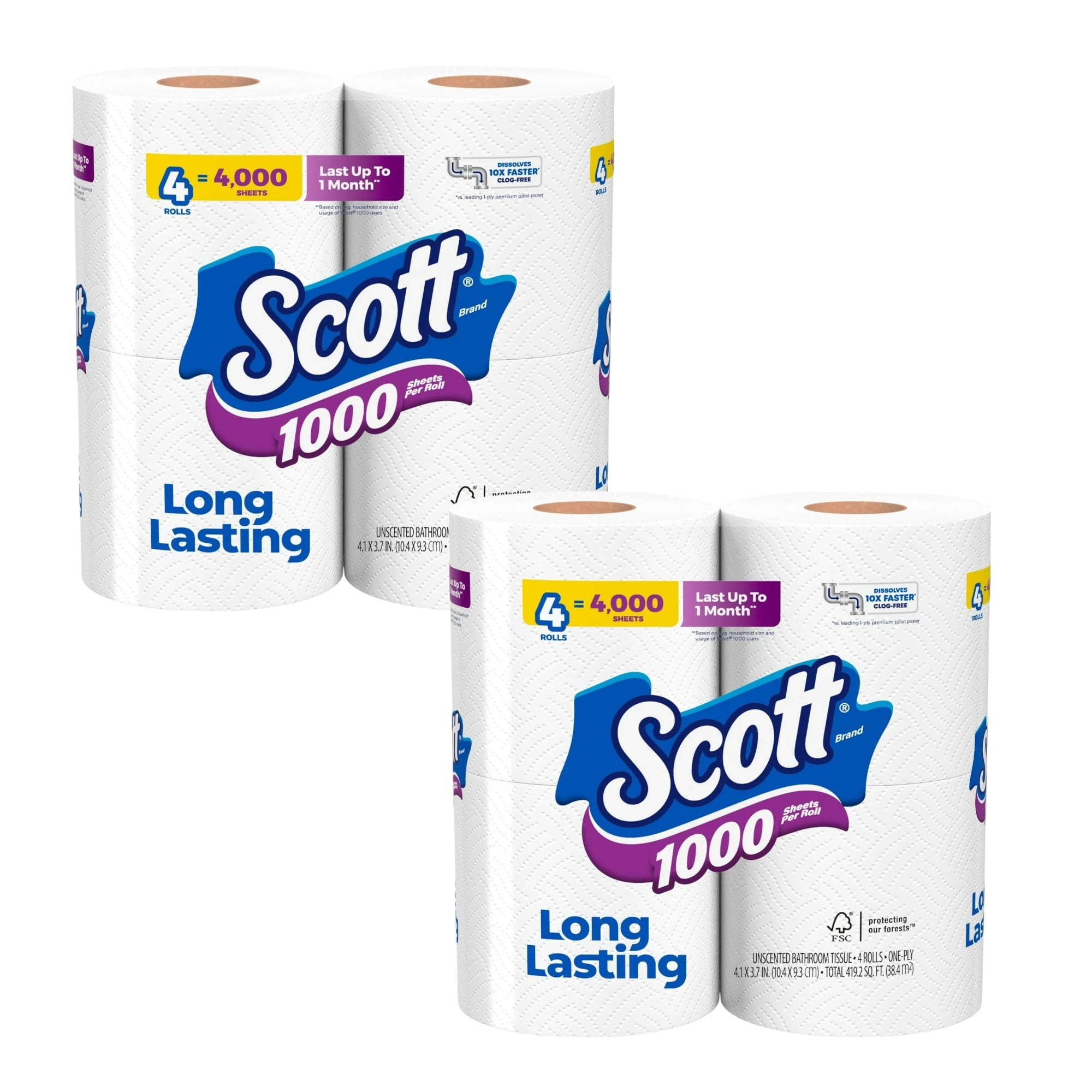 (2 pack) Scott 1000 Toilet Paper, 4 Rolls, 1,000 Sheets per Roll