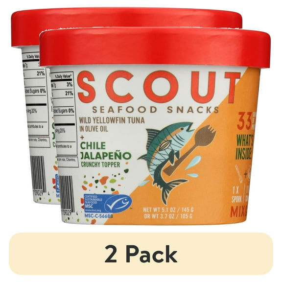 (2 pack) Scout Tuna Snack Kit, Chili Jalapeo, Wild Yellowfin Tuna + Crunchy Mix-in for 33g of Protein on the Go with Spork, 5.1oz Cup
