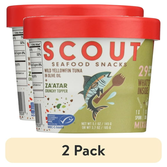 (2 pack) Scout Tuna Snack Kit, Za'atar, Wild Yellowfin Tuna + Crunchy Mix-in for 29g of Protein on the Go with Spork, 5.1oz Cup