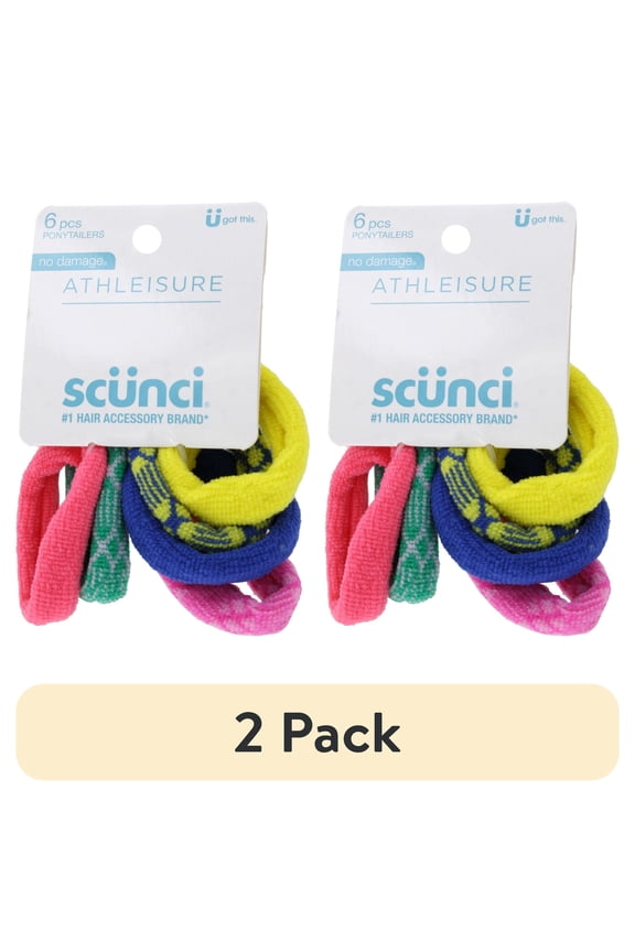 (2 pack) Scunci Athleisure No Damage Soft Ponytailers, Assorted Colors, 6-Pieces