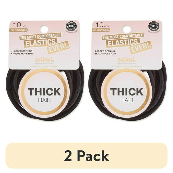 (2 pack) Scunci Basics Comfy No-Damage Elastic Hair Ties, Thick Black, 10-Count