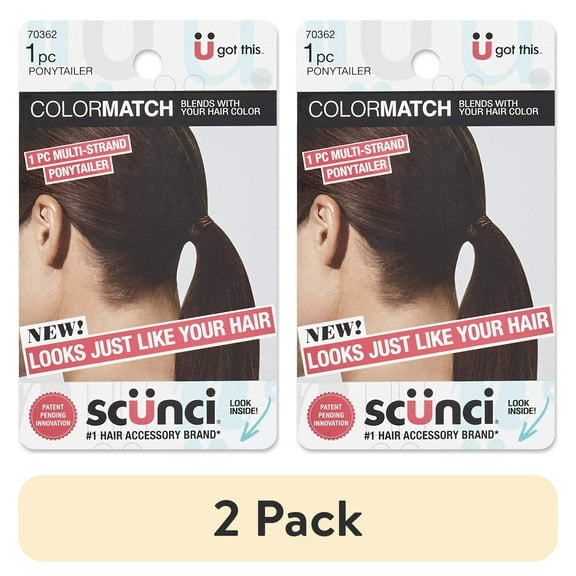 (2 pack) Scunci Color Match Elastic Hair Ponytail, Soft on Hair, Strong on Style, Designed to Match Your Hair Color, Brown