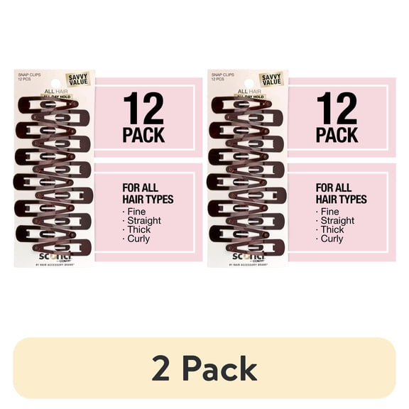 (2 pack) Scunci Metal Snap Hair Clips, Brown, 12 Count