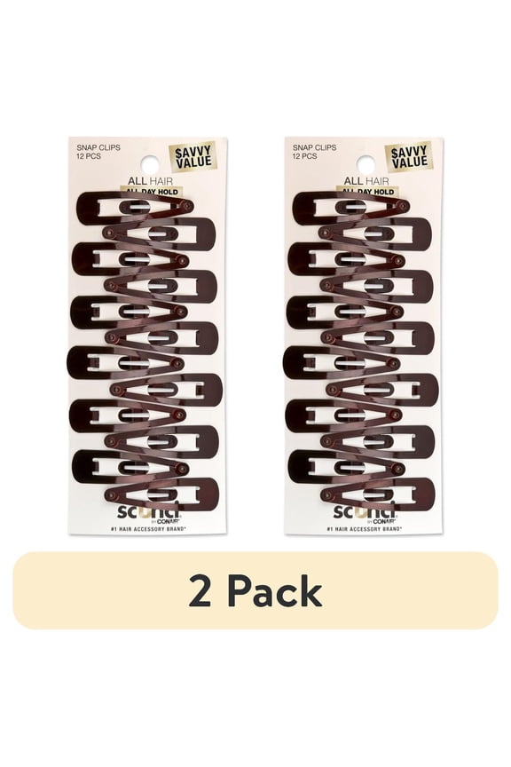 (2 pack) Scunci Metal Snap Hair Clips, Brown, 12 Count