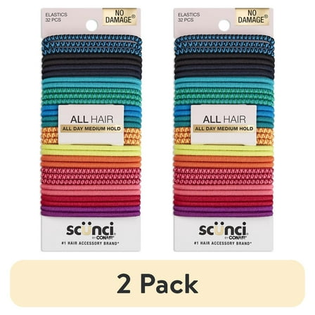 (2 pack) Scunci No Damage Elastic Nylon Ponytail Holder Hair Ties, Multi-Color Solids and Patterns, 32 Ct