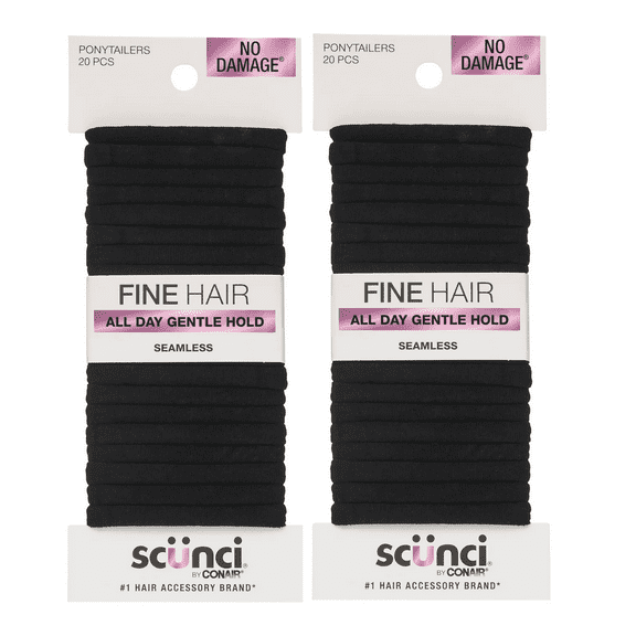 (2 pack) Scunci No Damage Hosiery Ponytail Hair Ties, Black, 20 Count