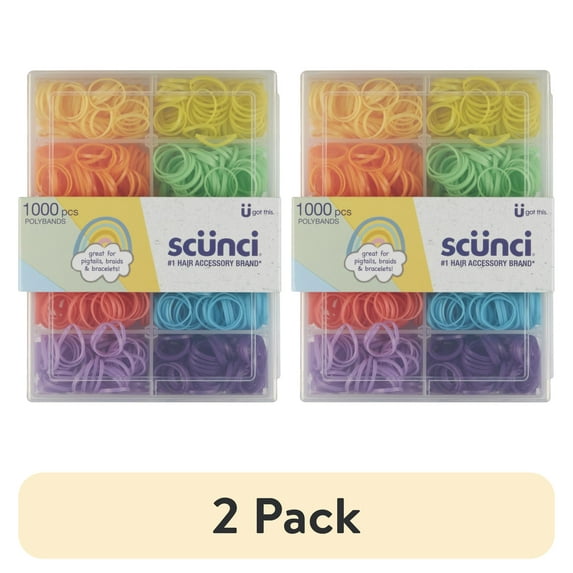 (2 pack) Scunci No-Damage Mini Poly-Band Ponytail Holder Hair Ties with Case, Assorted Bright Colors, 1000 Ct