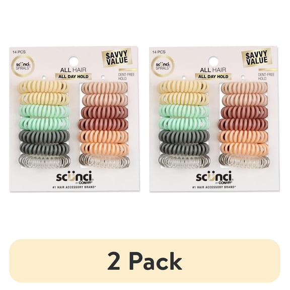(2 pack) Scunci No Damage Plastic Coiled Ponytail Hair Ties, Multicolor, 14 Count
