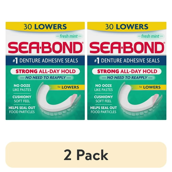 (2 pack) Sea Bond Secure Denture Adhesive Seals, Fresh Mint Lowers, Zinc-Free, All-Day-Hold, Mess-Free, 30 Count