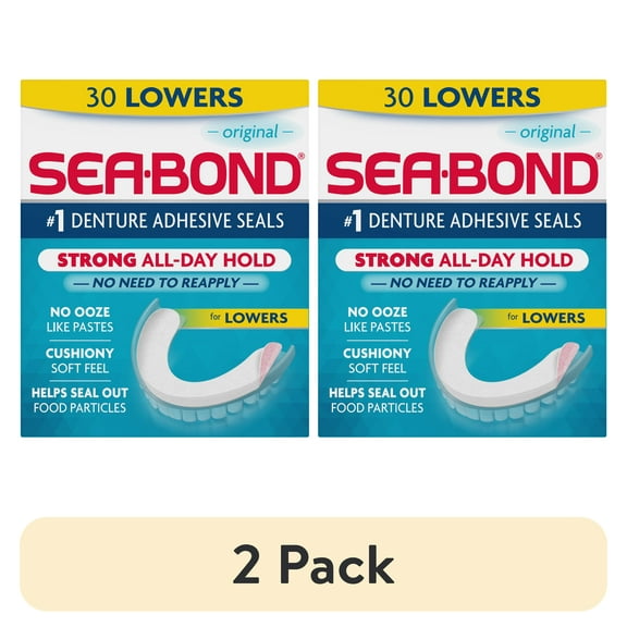 (2 pack) Sea Bond Secure Denture Adhesive Seals, For an All Day Strong Hold, 30 Original Flavor Seals for Lower Dentures