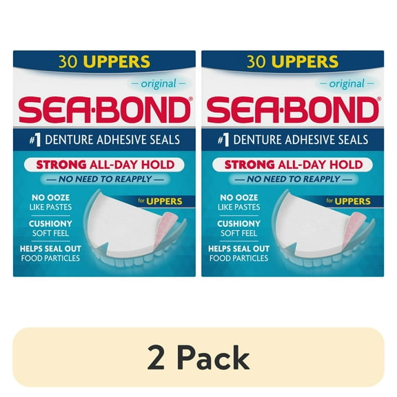 (2 pack) Sea Bond Secure Denture Adhesive Seals, Original Uppers, Zinc-Free, All-Day-Hold, Mess-Free, 30 Count