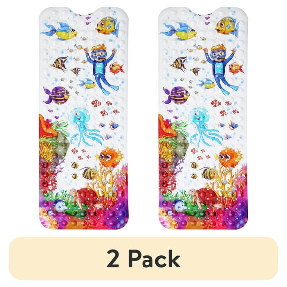 (2 pack) Bath Mat for Tub Non Slip, Machine Washable Anti Slip Cartoon Baby Bathtub Shower Mat with Drain Holes and Suction Cups for Toddler & Kids, 40 Inch x 16 Inch-Rectangular, Jellyfish