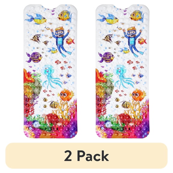 (2 pack) Bath Mat for Tub Non Slip, Machine Washable Anti Slip Cartoon Baby Bathtub Shower Mat with Drain Holes and Suction Cups for Toddler & Kids, 40 Inch x 16 Inch-Rectangular, Jellyfish