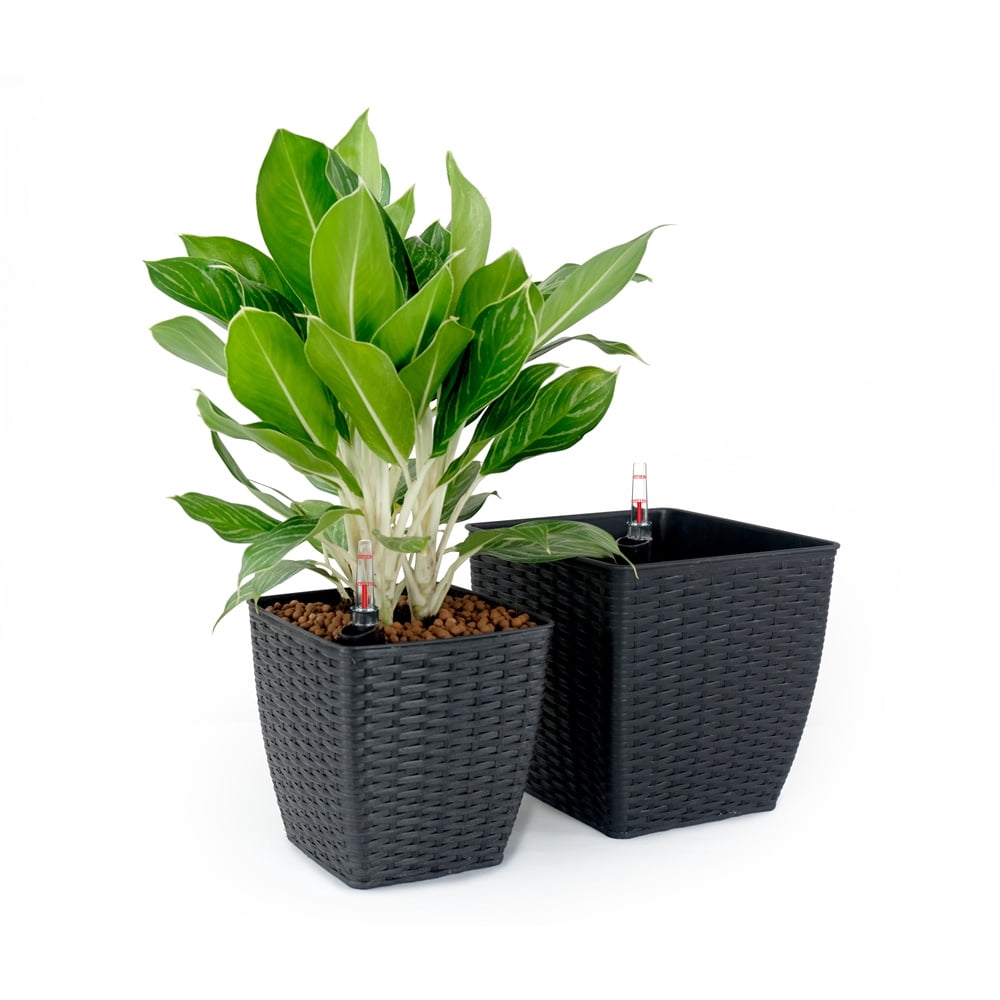 2 pack Self-watering Planter - Hand Woven Wicker - Thin Square