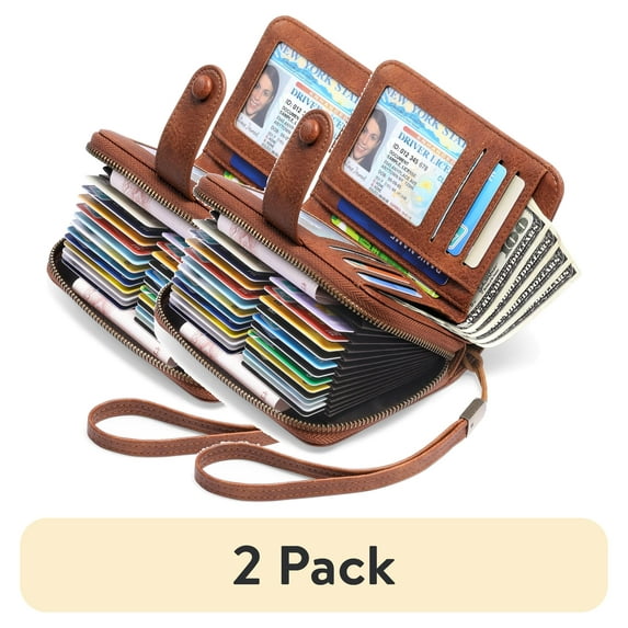 (2 pack) Sendefn Leather Credit Card Holder Wallet for Women RFID Blocking Bifold Zipper Card Case Organizer with Wristlet 32 Slots