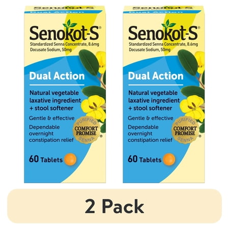 (2 pack) Senokot-S Dual Action, 60 Tablets, Vegetable Laxative Plus Stool Softener Relief of Constipation