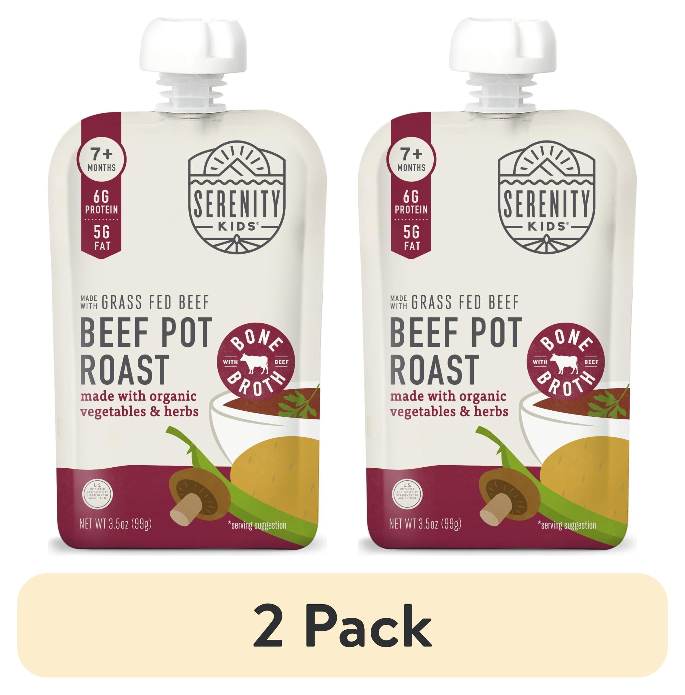 (2 pack) Serenity Kids Grass Fed Beef Pot Roast Stage 2 Baby Food Organic Veggies Herbs & Bone Broth, 3.5oz Pouch