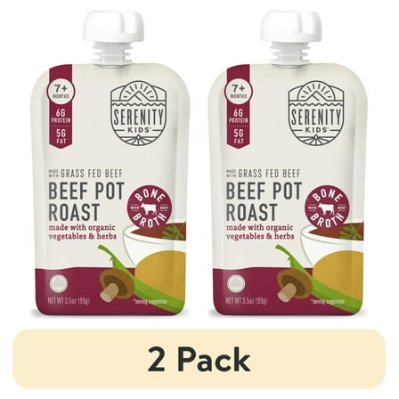 (2 pack) Serenity Kids Grass Fed Beef Pot Roast Stage 2 Baby Food Organic Veggies Herbs & Bone Broth, 3.5oz Pouch