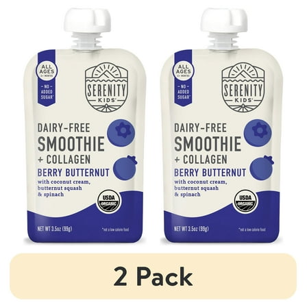 (2 pack) Serenity Kids Dairy Free Organic Berry & Butternut Smoothie + Protein Stage 2 Baby Food Grass Fed Collagen, 3.5oz Pouch
