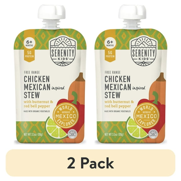 (2 pack) Serenity Kids Free Range Chicken Mexican Inspired Stew Stage 2 Baby Food, Organic Veggies & Spices, 3.5oz Pouch