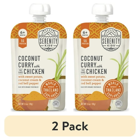 (2 pack) Serenity Kids World Explorer Coconut Curry Stage 2 Baby Food Free Range Chicken & Organic Veggies, 3.5oz Pouch