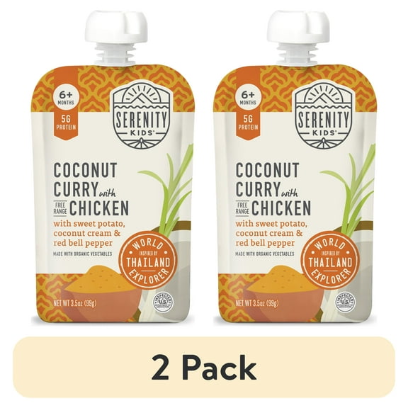 (2 pack) Serenity Kids World Explorer Coconut Curry Stage 2 Baby Food Free Range Chicken & Organic Veggies, 3.5oz Pouch