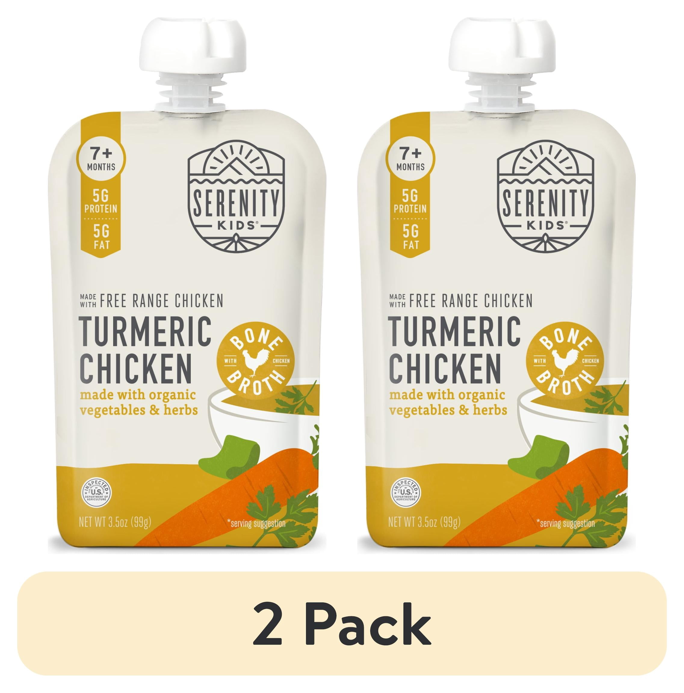 (2 pack) Serenity Kids Turmeric Chicken Stage 2 Baby Food Organic Veggies, Herbs & Bone Broth, 3.5oz Pouch