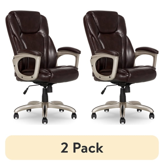 (2 pack) Serta Heavy-Duty Bonded Leather Commercial Office Chair with Memory Foam, 350 lb capacity, Brown