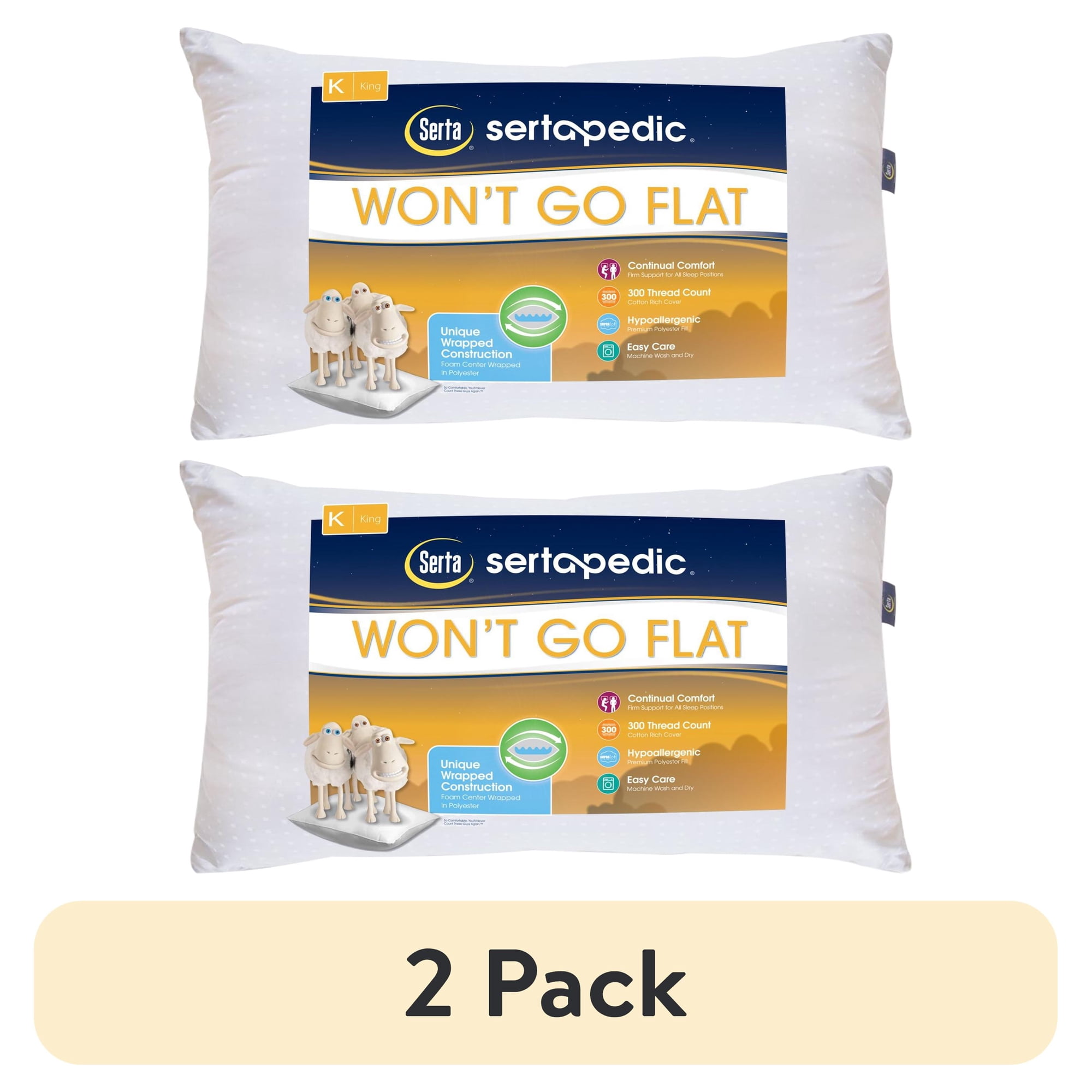 (2 pack) SertaPedic Won't Go Flat King Pillow, By Serta
