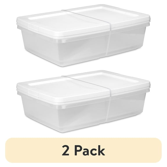 (2 pack) Set of (2) 28 Quart Storage Boxes, Clear Plastic Storage Bin with Snap-On Lid, White