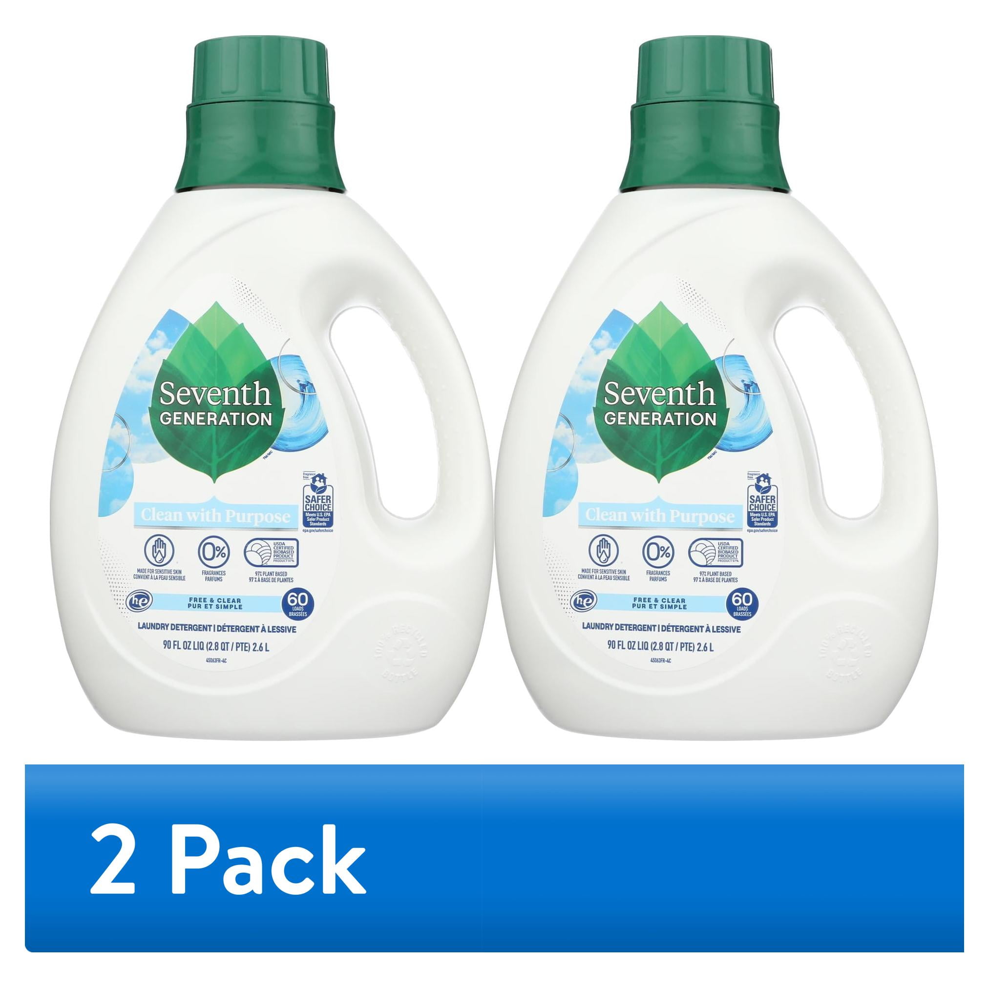 (2 pack) Seventh Generation Free and Clear Liquid Laundry Detergent, 90 oz, 60 Loads