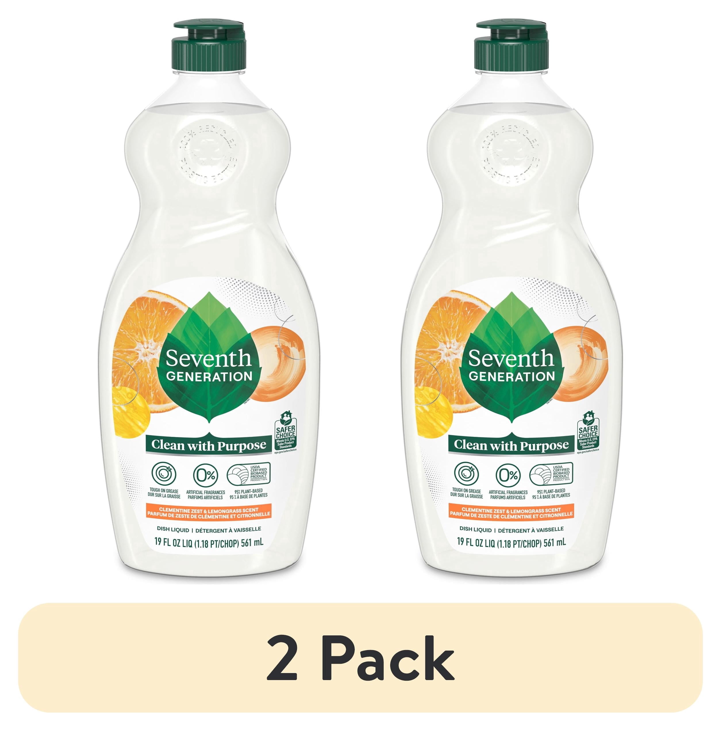 (2 pack) Seventh Generation Dish Liquid Soap Clementine Zest Lemongrass Liquid Soap, 19 fl oz