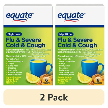 (2 pack) Equate Nighttime Severe Cold, Cough & Flu Relief Powder Packets, Honey Lemon, 6 Count