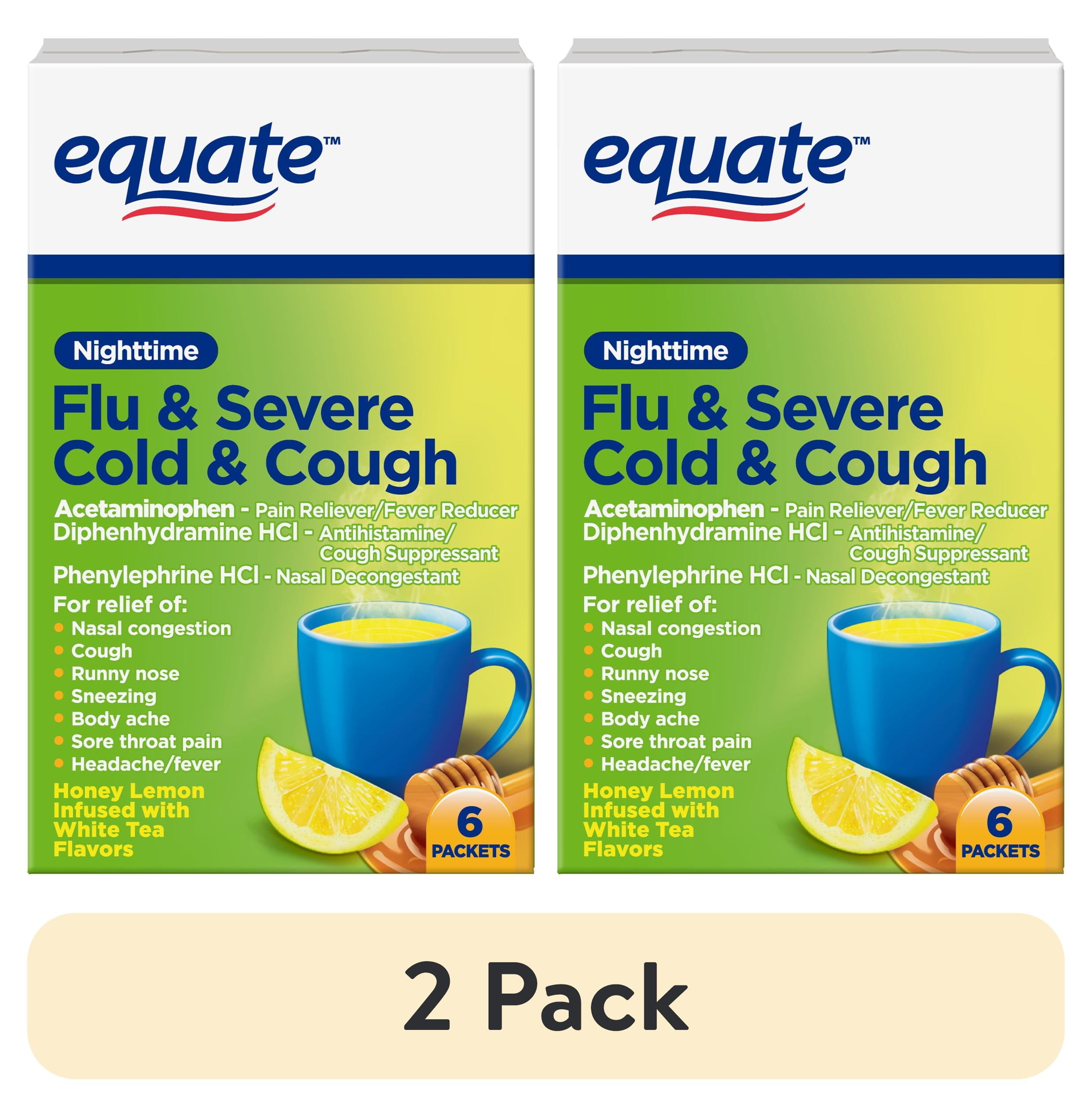 (2 pack) Equate Nighttime Severe Cold, Cough & Flu Relief Powder Packets, Honey Lemon, 6 Count