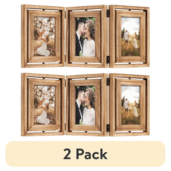 (2 pack) Sfugno 4x6 Picture Frame,Tabletop Rustic Wood Hinged Folding Triple Picture Frames Collage, Double-Sided Display Rotatable High Definition Glass Photo Frame,Brown